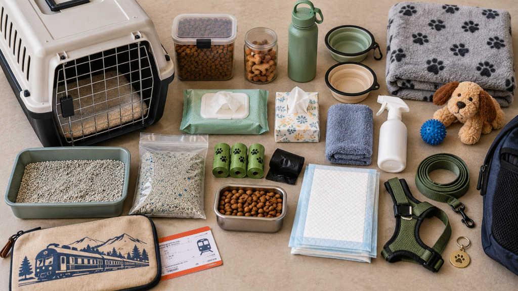 Pet Train Travel Essentials Flat Lay
