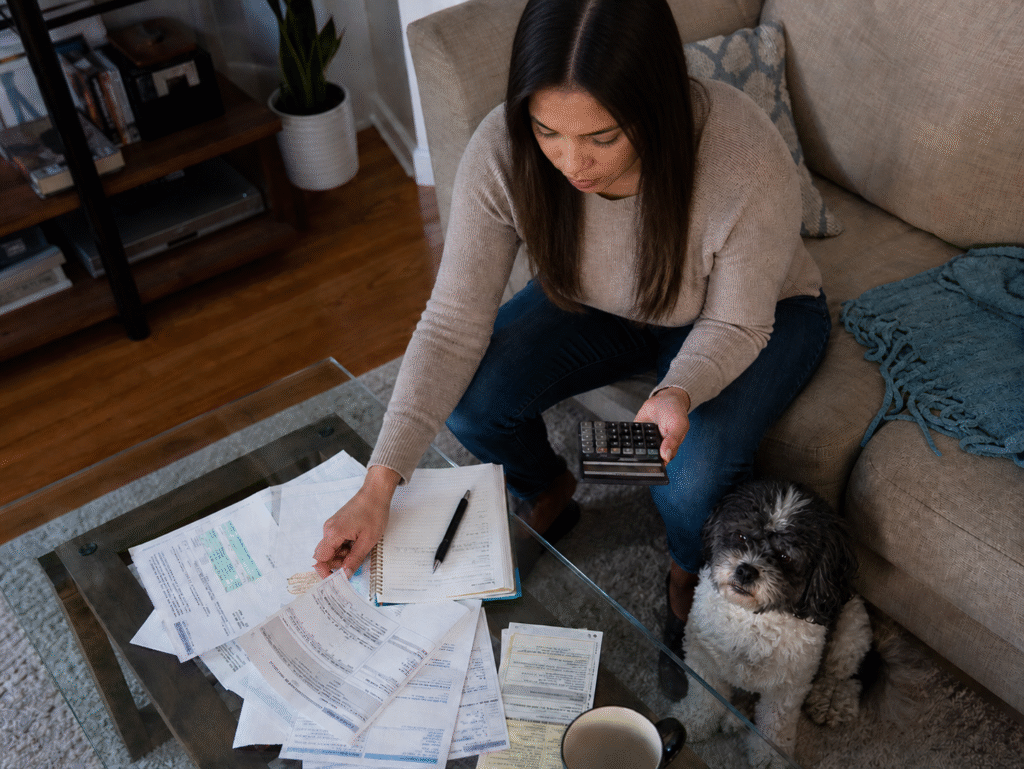 A women calculating pet travel cost at home
