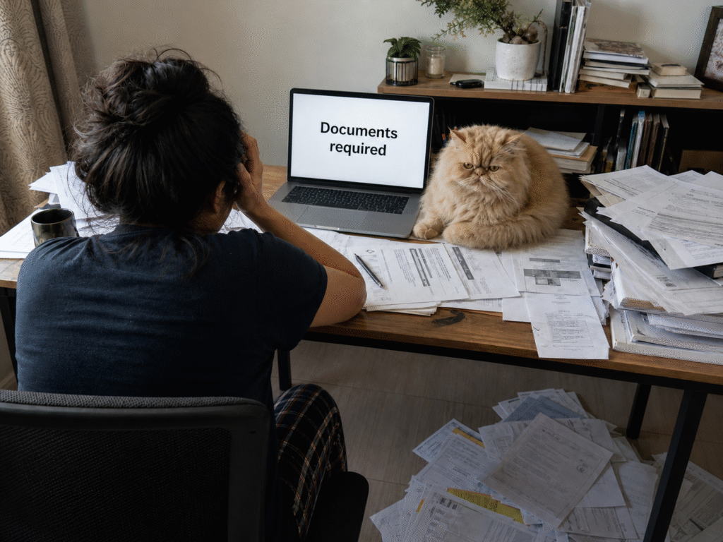 A frustrated women with pet travel documents