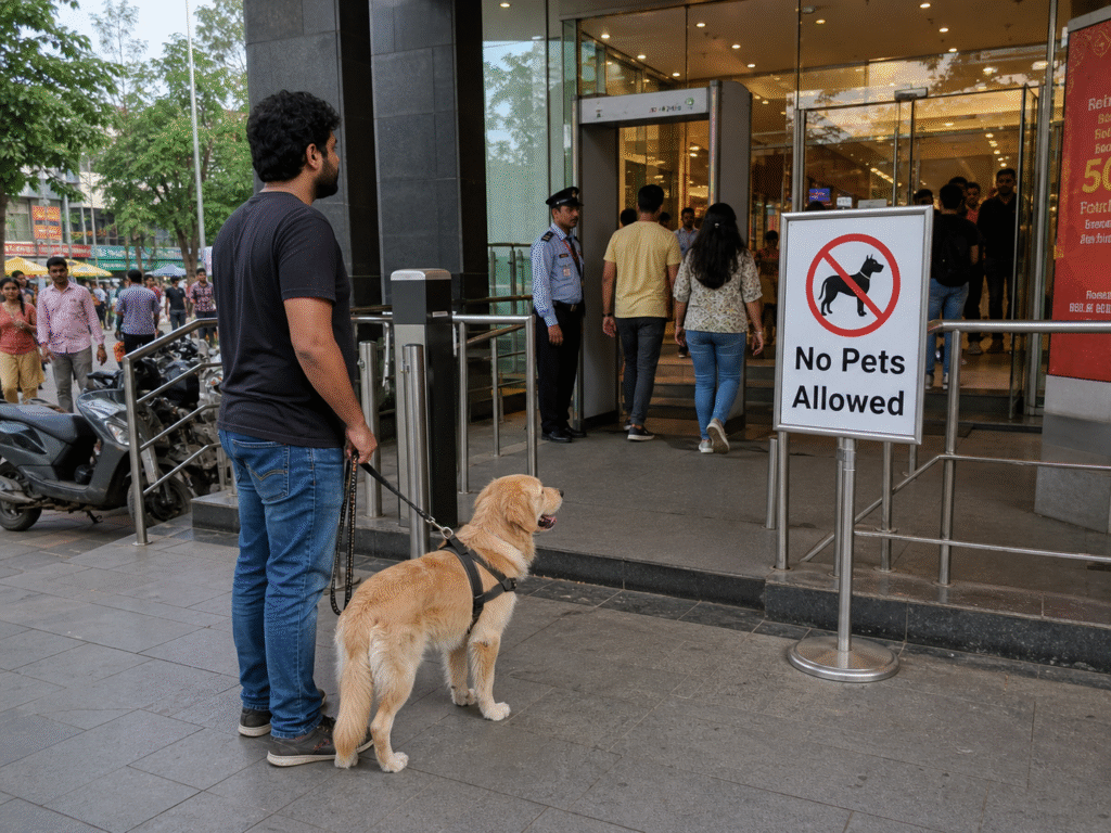 A man standing outside a mall with a Golden retriever dog