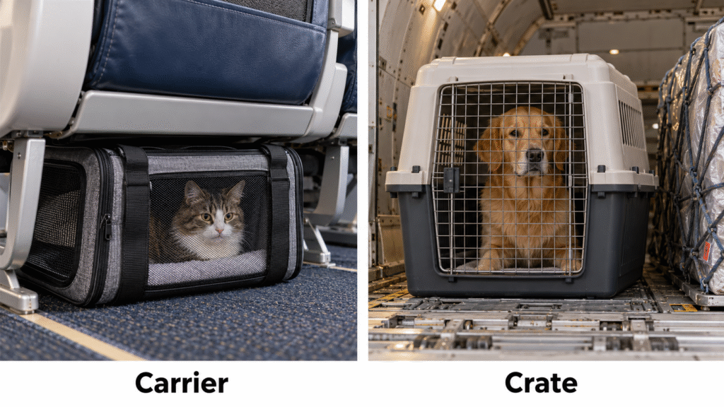 A cat and a dog in airline-approved pet carrier and crate.