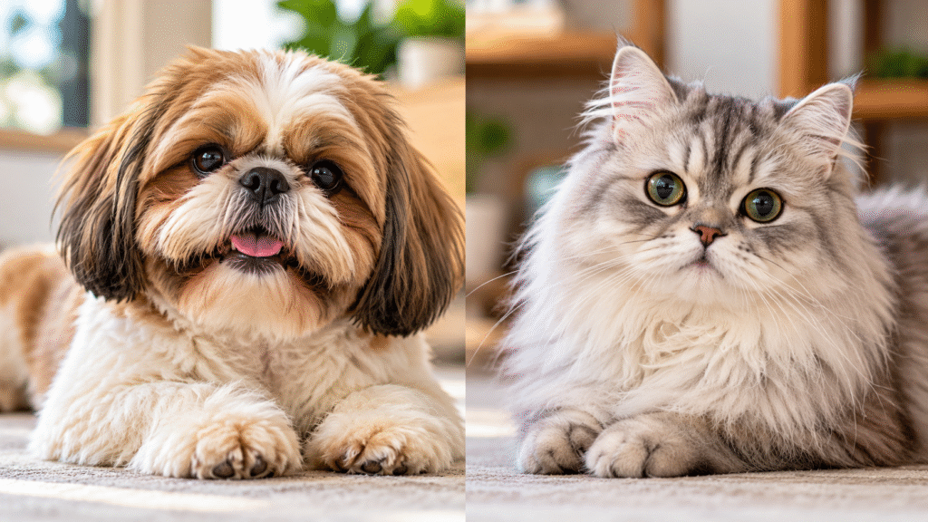 Flat faced dog and a cat side by side portrait.