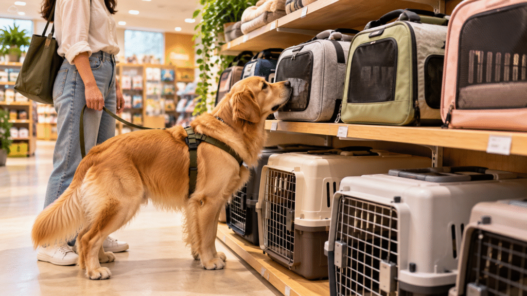 Golden Retriever dog in a shop choosing dog carrier for flight.