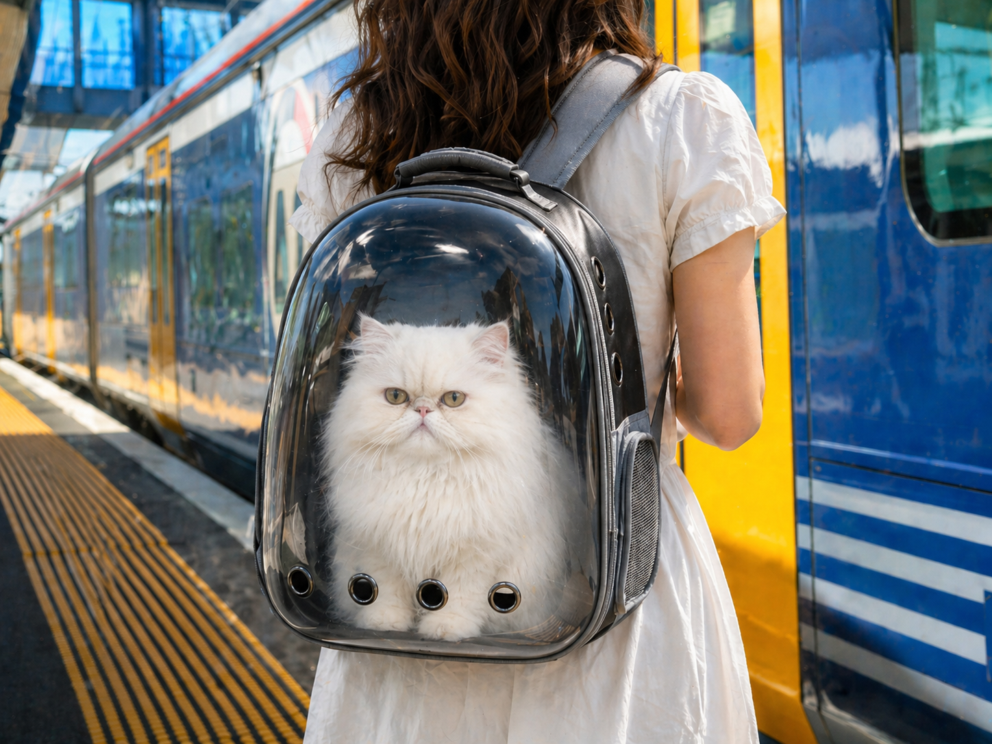 Cat in backpack at train station