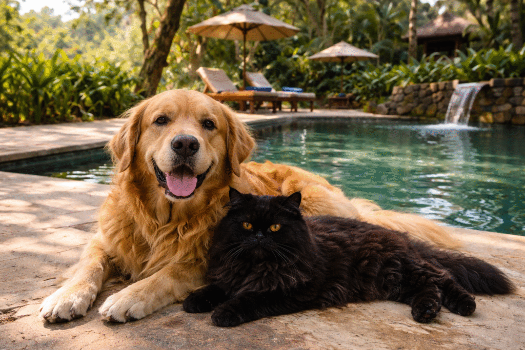 Golden retriever and black Persian cat relaxing by the pool at one of the pet friendly resorts near Delhi