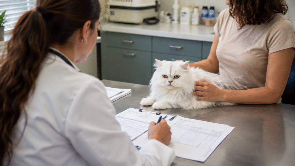 Vet signing pet travel documents for a before travel