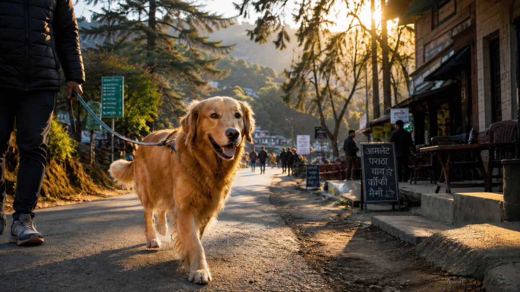Dog walking on a quiet road in Nahan with hills and trees around