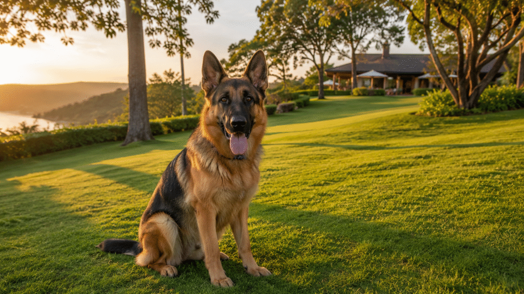 Dog resting outside a hill-side resort