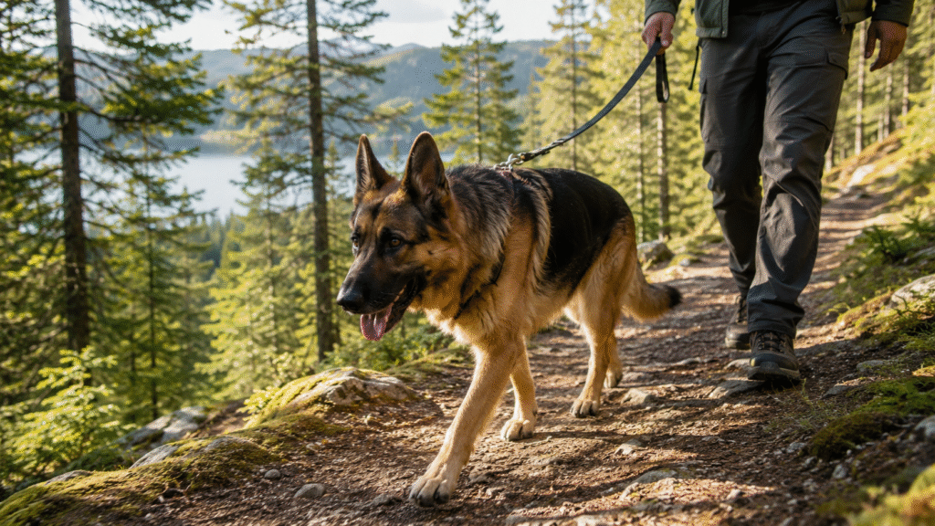 Dog on leash near a lake in Morni Hills