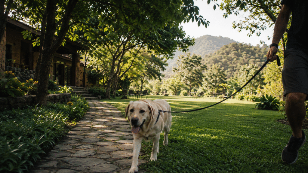 Dog walking through a shaded green resort garden on the outskirts of Dehradun