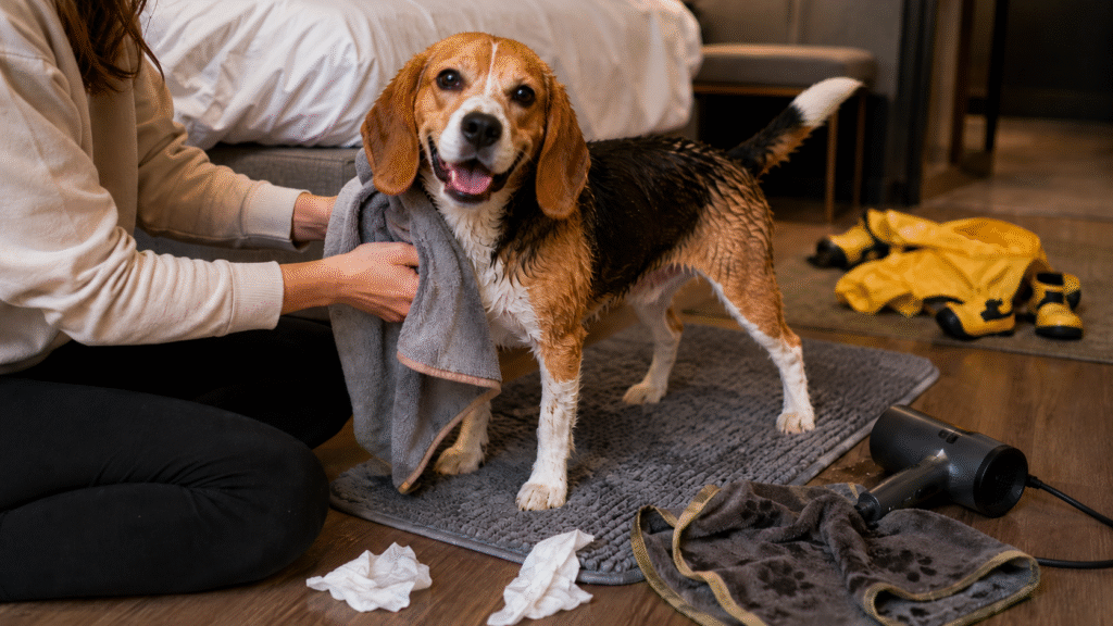 Cleaning and drying a Beagle dog after a walk in rain.