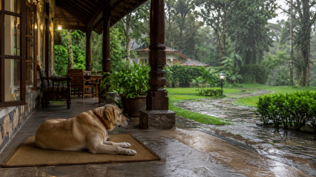 Dog watching rain from the patio of a cottage resort.