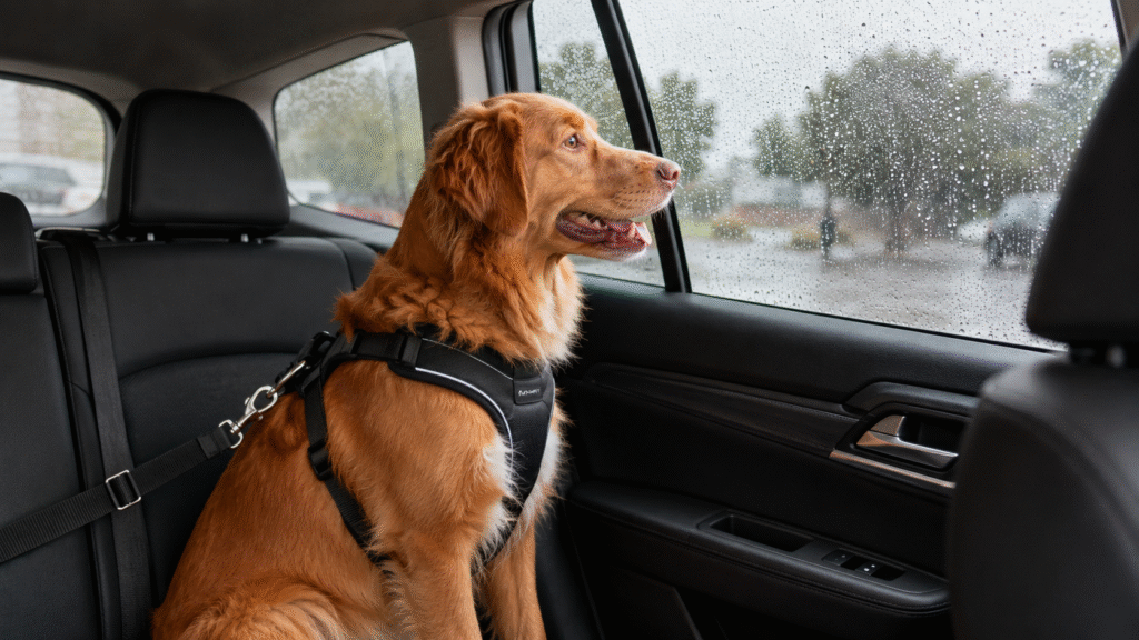 Dog enjoying a rainy car ride during monsoon.