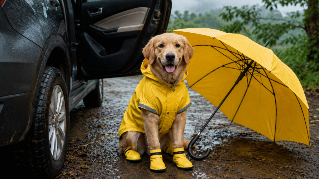Golden Retriever dog with monsoon dog gear for travel.