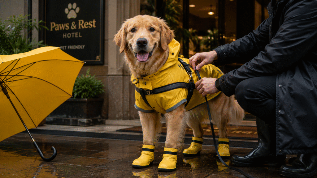 Golden Retriever dog getting ready for rainy walk wearing monsoon dog gear.