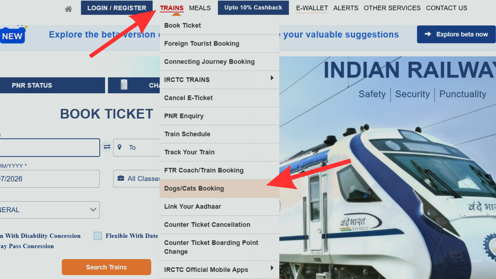 IRCTC website showing Dogs/Cats Booking option under the Trains menu for Indian Railways online pet booking