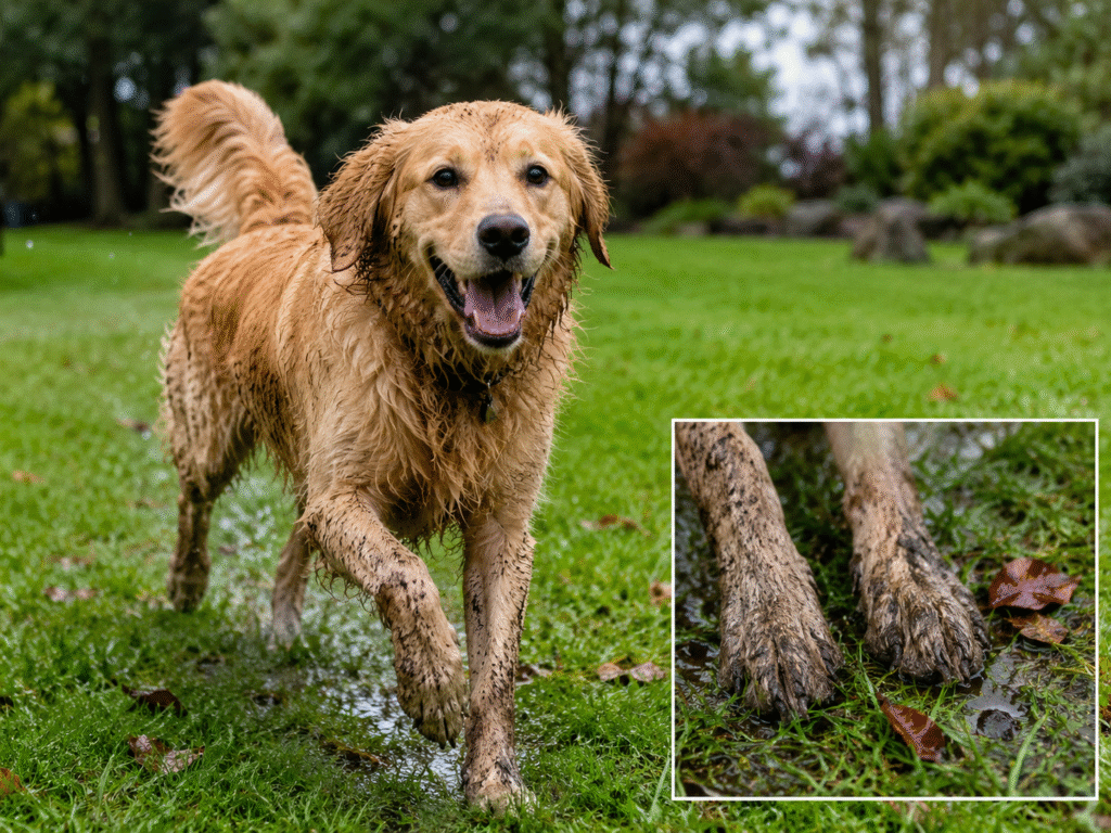 Joyful dog running through wet grass with muddy paws

