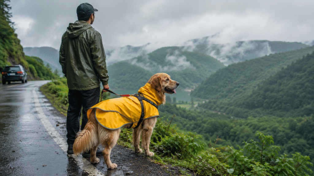 Dog wearing monsoon travel gear watching over the valley during monsoon travel with pets