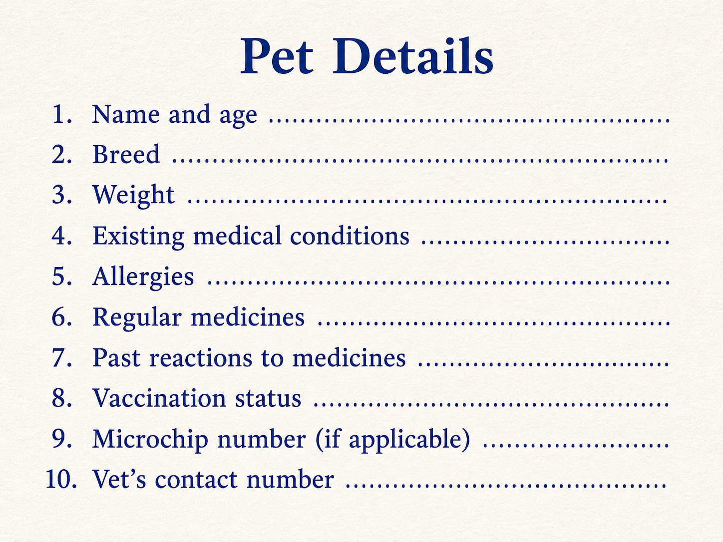 Pet details form layout for travel.