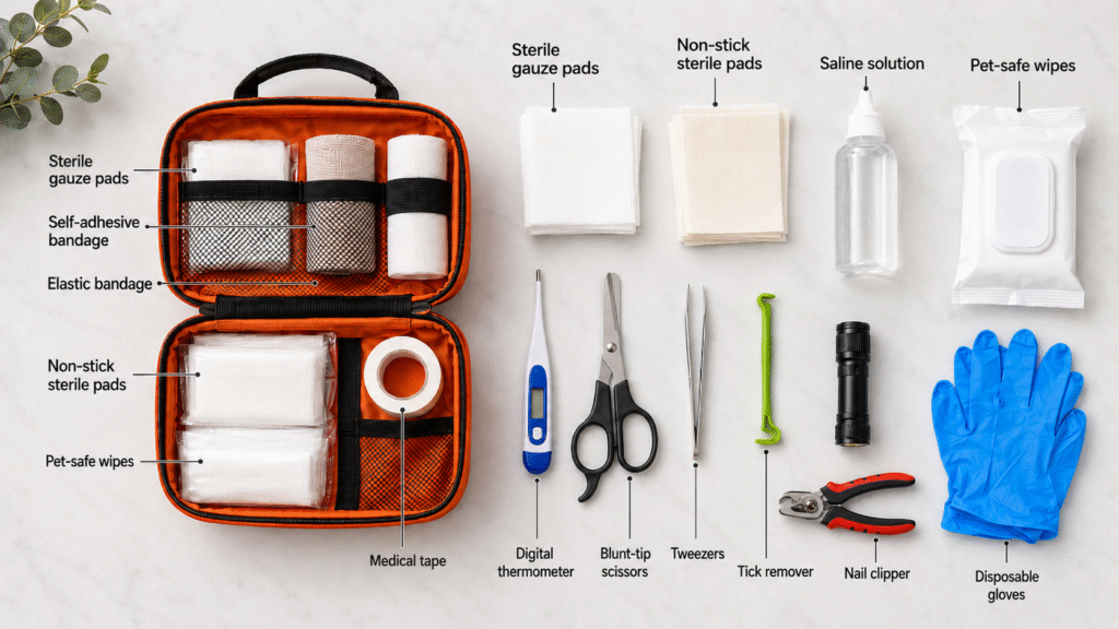 A pet first-aid kit for travel with basic wound-care supplies.