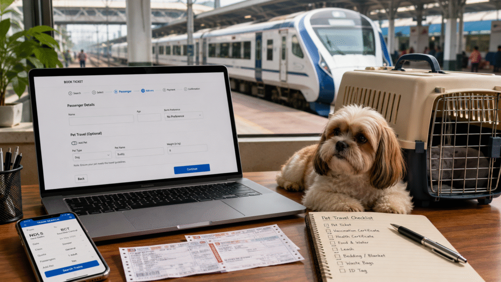Dog watching his parent managing documents for train travel with pets.