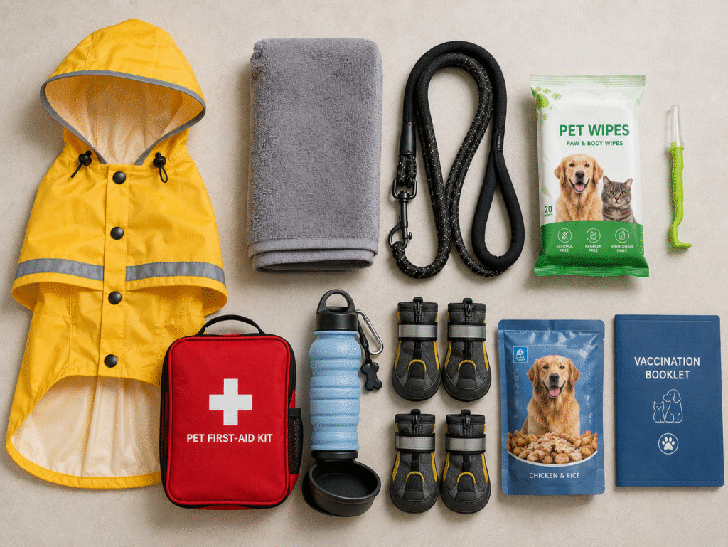 Monsoon pet travel kit flat lay with Raincoat, paw protection, and first-aid kit. 