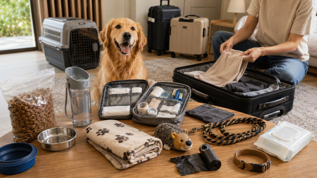 A Golden Retriever dog watching over the packing for travelling with pets.