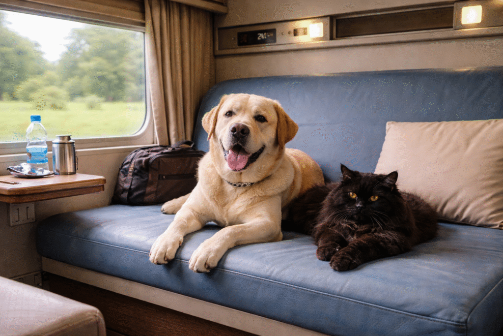 A cat and a dog enjoying train journey.
