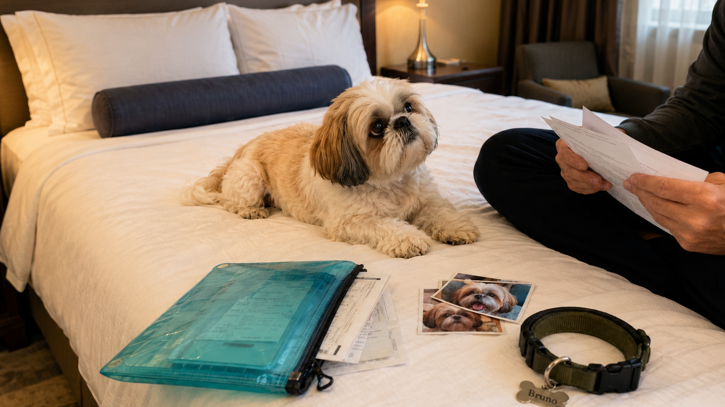 A cute dog watching his owner reading pet travel documents.