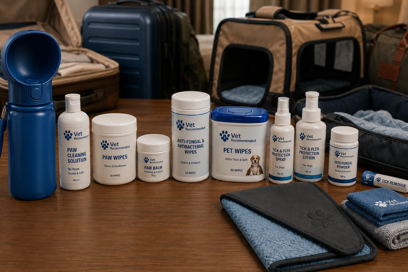 Basic dog care items to protect your dog’s paws, skin, and coat during monsoon travel.