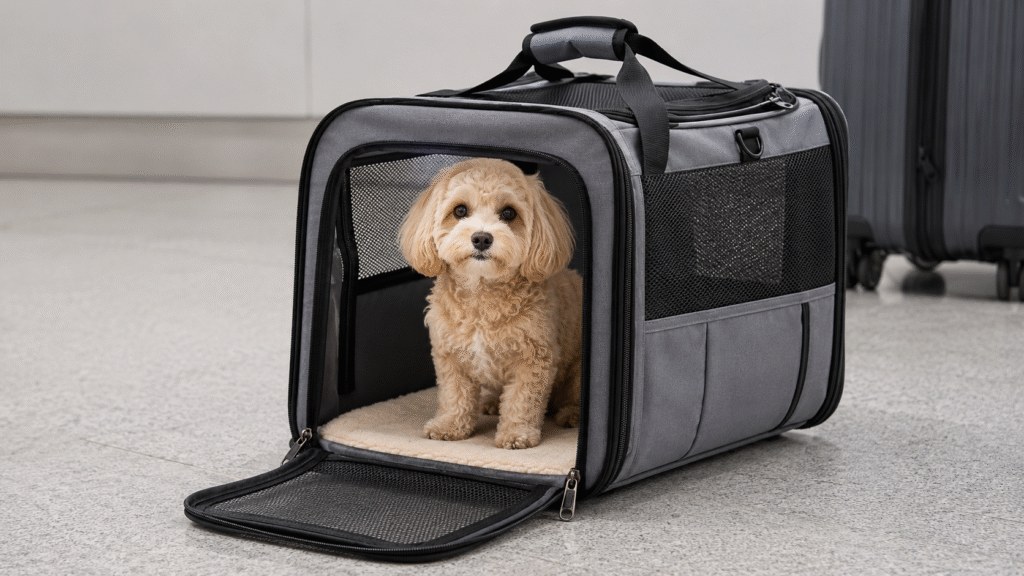 Airline-approved pet carrier with a small dog inside
