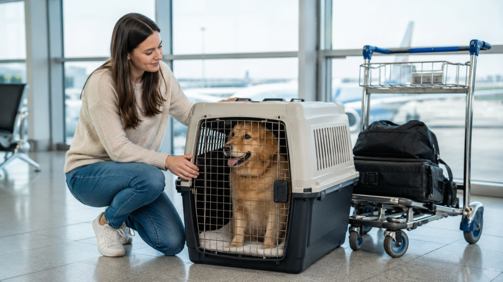 A large dog in a crate aligned to Akasa Air pet policy norms.