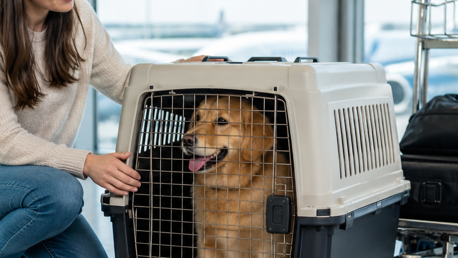 A large dog in a crate aligned to Akasa Air pet policy norms.
