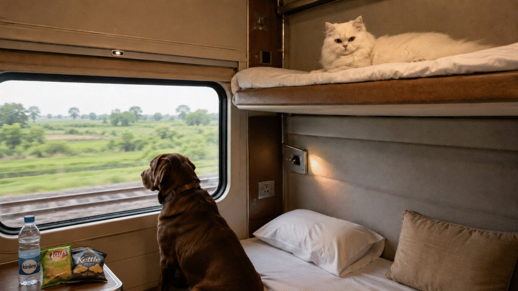 Indian Railways online pet booking allows pet only in first AC coupe or cabin.