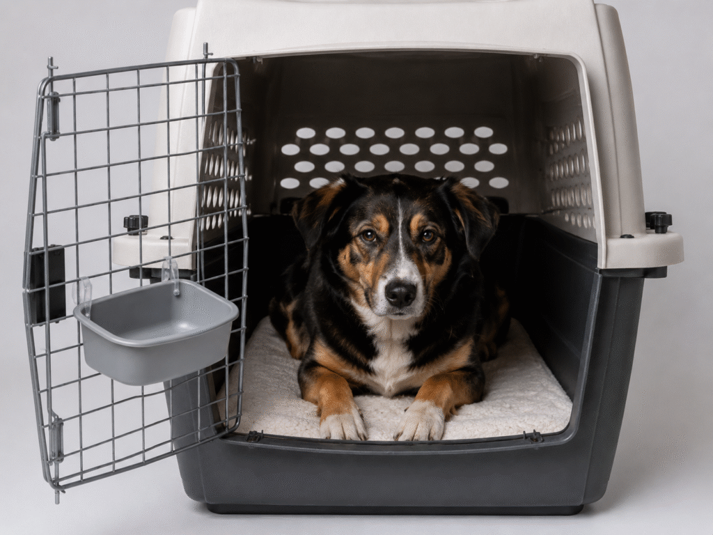 A dog in an airline approved hard crate with feeding bowl attached.