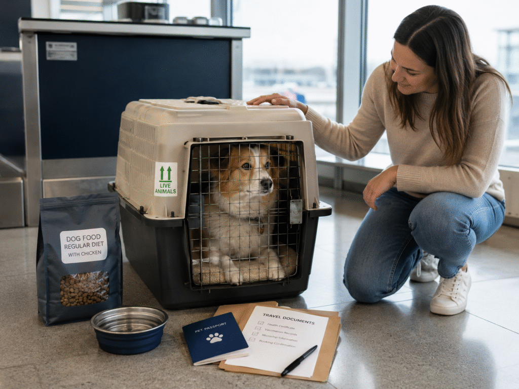 Pet travel crate with food, water dish, and documents prepared before a cargo flight