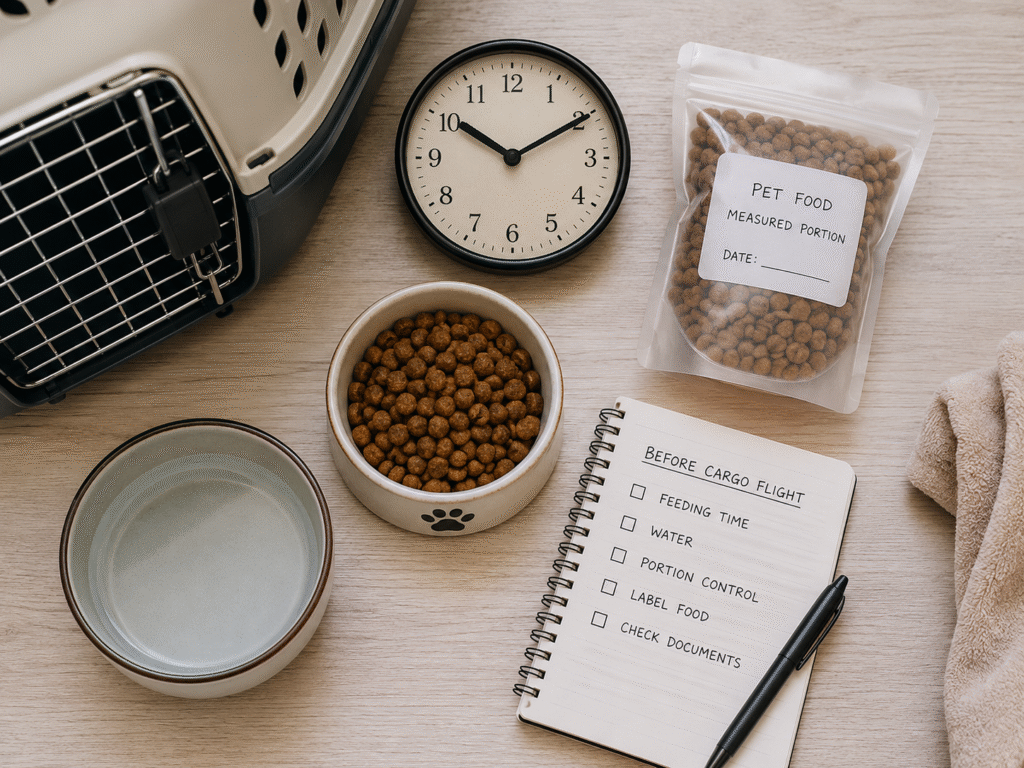 Airlines require proper food and water arrangements for pets flying in cargo.