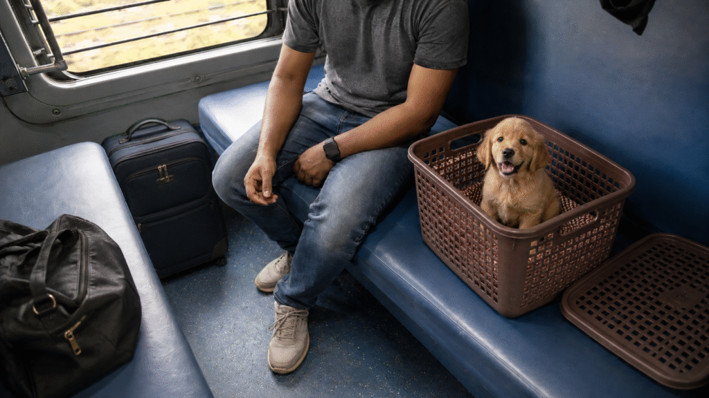 Indian Railways allows puppies and kittens to travel with owners in any class in basket.