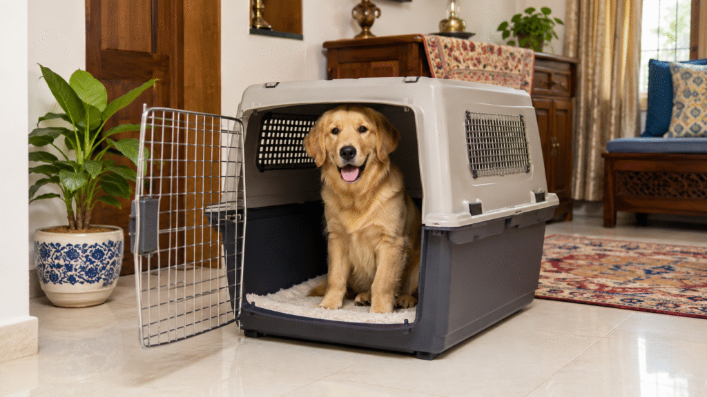 Dog inside a crate during crate training