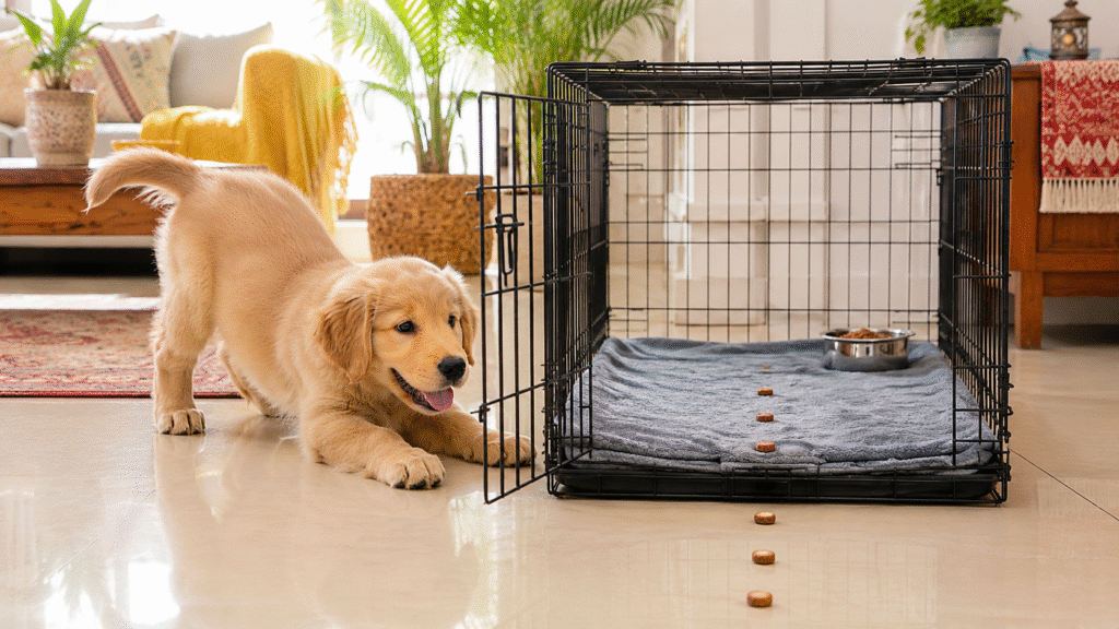 Crate-train your pet before travelling using positive reinforcement.