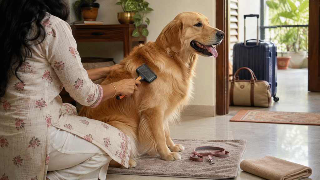Golden retriever dog is brushed following the dog grooming tips for travel
