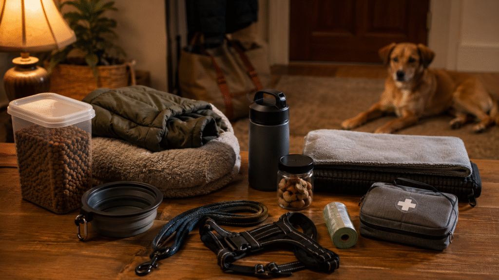 Travel preparation for early morning road trip with a dog.