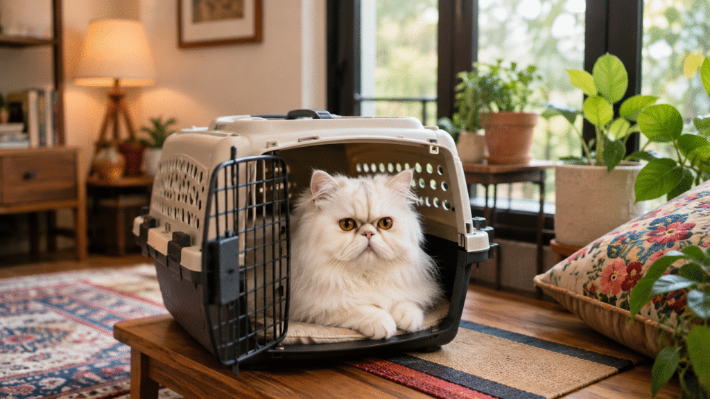 A cat waiting in cage while the owner search for, can Persian cats fly on Air India.