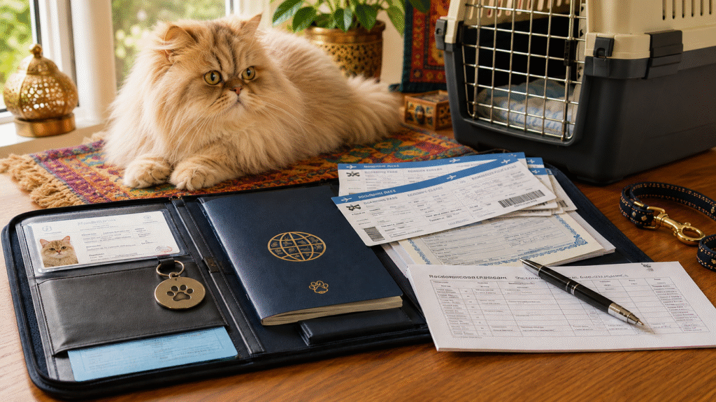A Persian cat watching over the flight booking