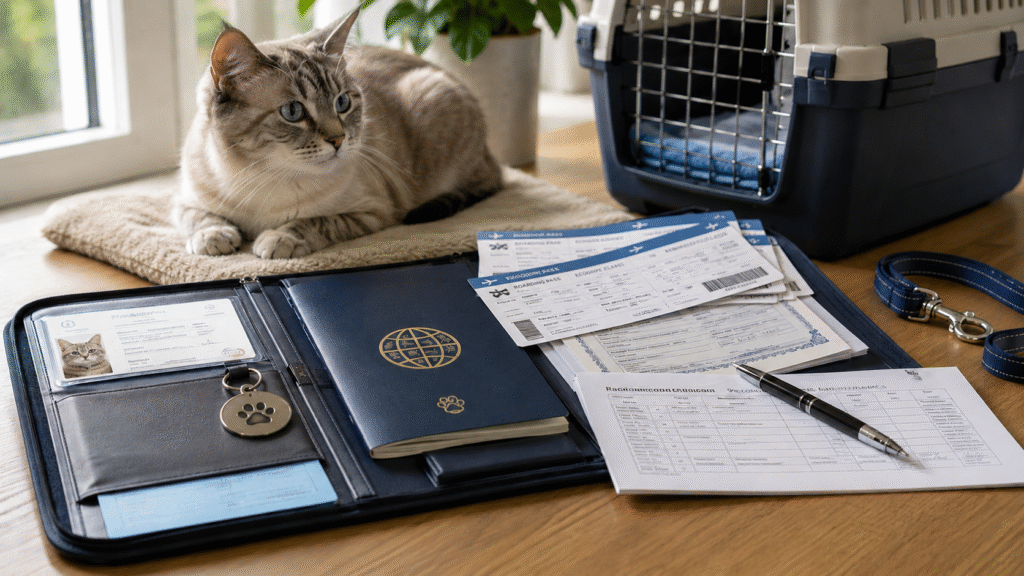 Cat with Air India Pet Policy related documents for travel.