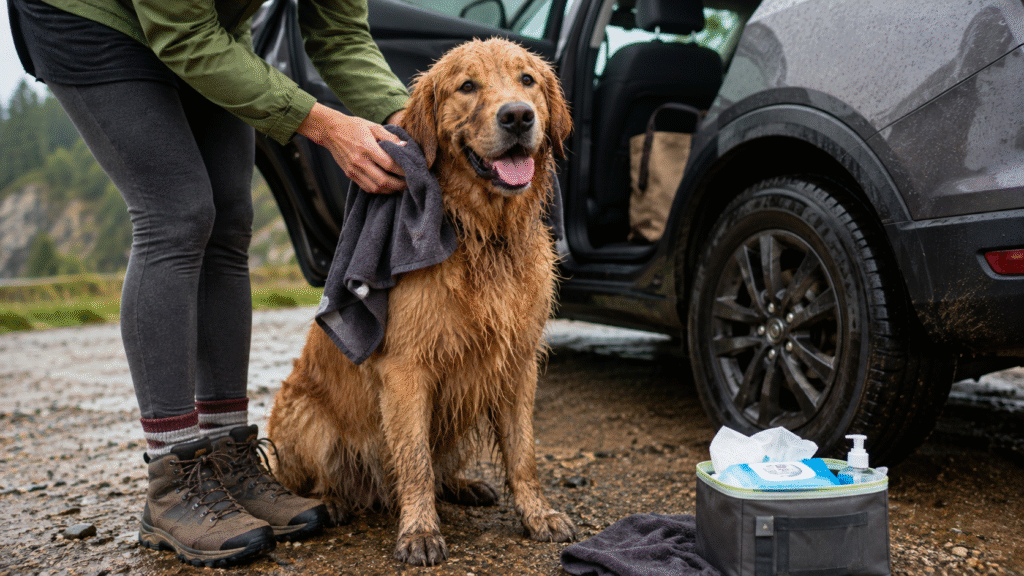 Wet dog during a road trip