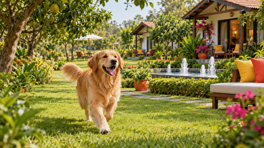 A happy Golden retriever in one of the dog-friendly farm stays near Delhi