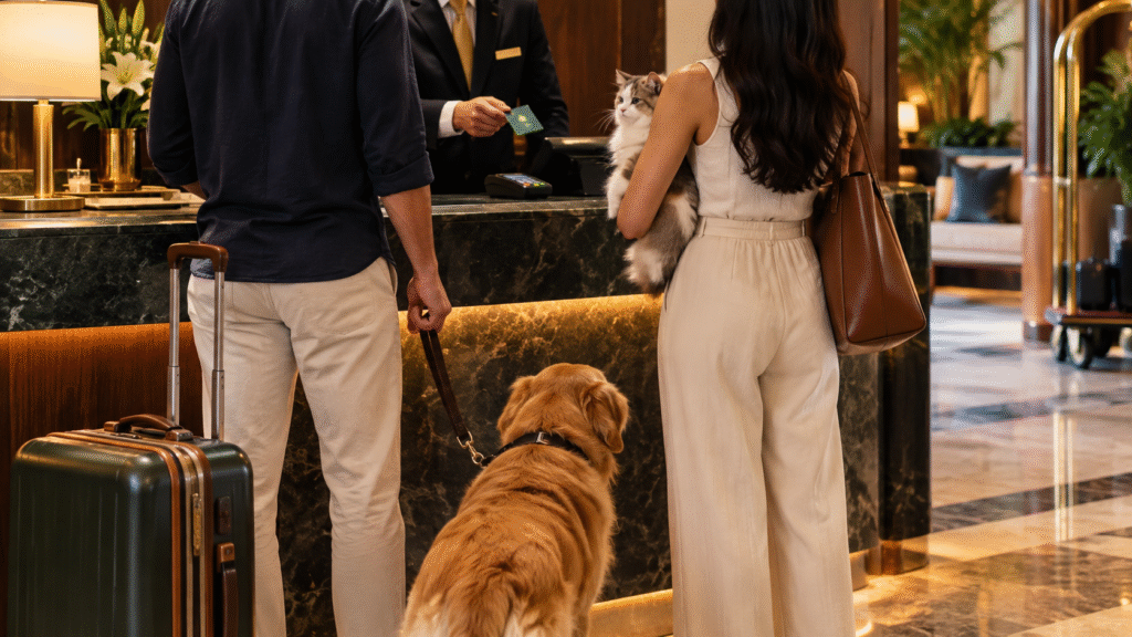 Couple checking pet-friendly hotel fees at the counter.