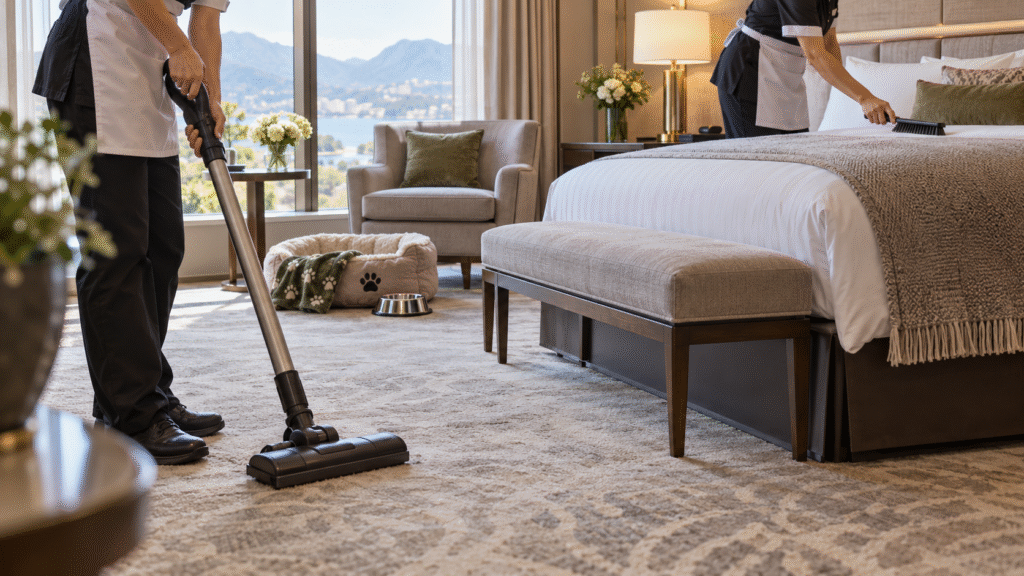 A hotel room cleaning after a pet visit.