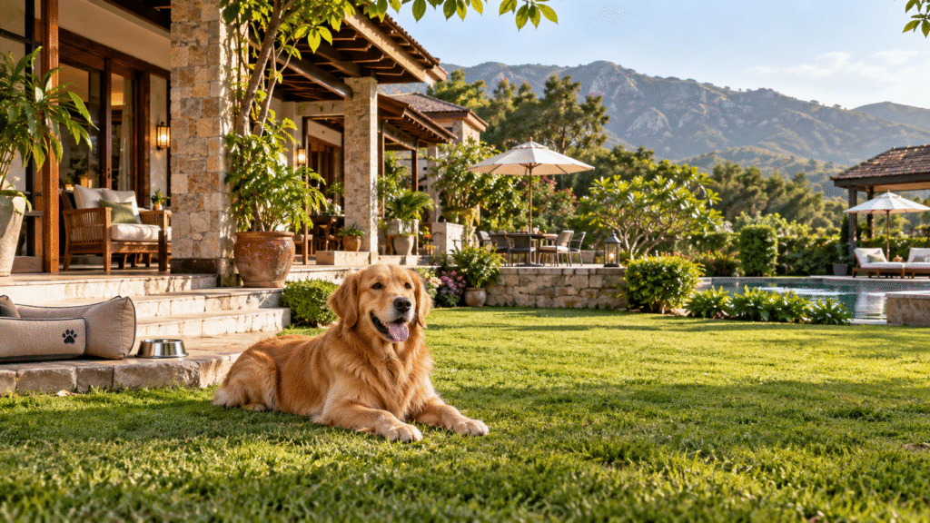 Golden Retriever dog relaxing in a pet-friendly resort lawn
